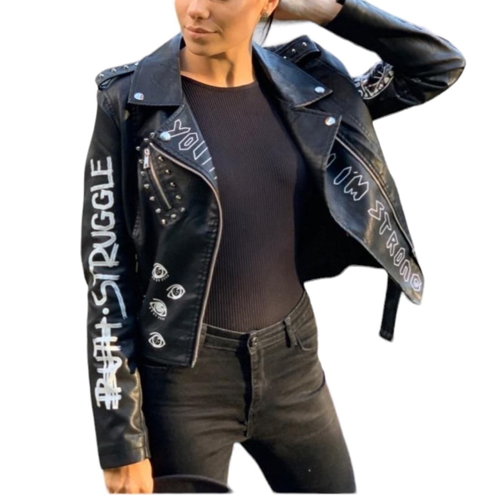 DARE YOU Studded Black Faux Leather Jacket Cropped Moto